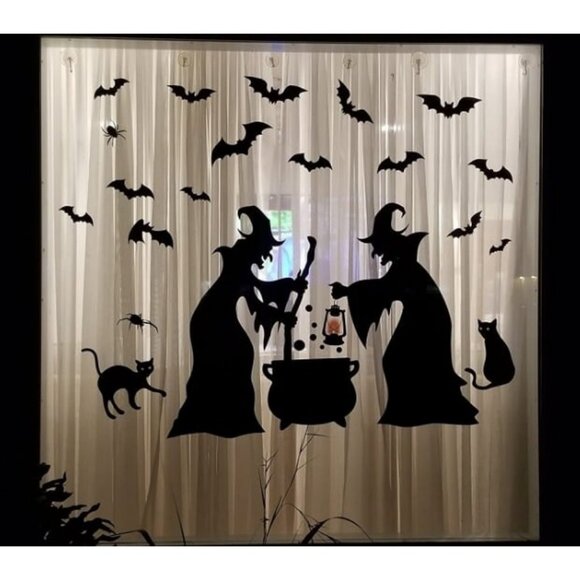 Halloween Decorations Window Clings Decor Extra Large Witches with Black Cat Bat - Picture 1 of 4